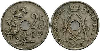 Бельгия 25 сантимов 1910 Belgie KM 69 медно-никель 4165-645