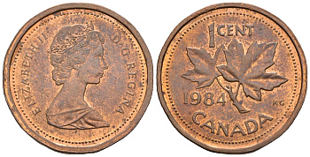 Канада 1 цент 1984 Елизавета II (1952-2022), кленовый лист KM 132 бронза 4609-215