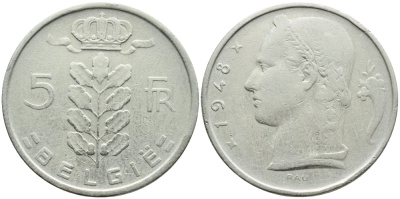 БЕЛЬГИЯ 5 ФРАНКОВ 1948 BELGIE KM 135.1 медно-никель 3999-645
