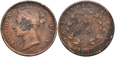 Стрейтс-Сетлментс 1 цент 1845 Виктория (1837-1901), Ост-Индская компания KM 3 медь 4590-146