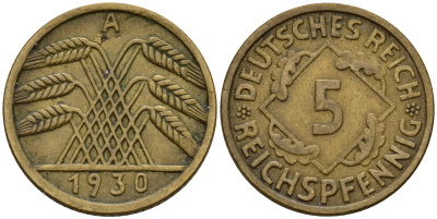 Германия 5 рейхспфеннигов 1930 A J.316, KM 39 алюминиевая бронза    4598-1165