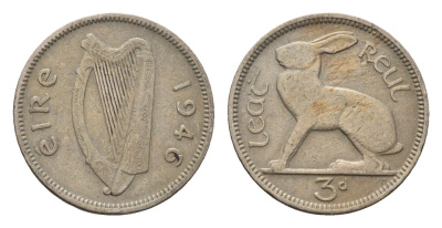Ирландия 3 пенса 1946 заяц KM 12a медно-никель 3851-923