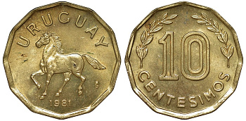 Уругвай 10 сентесимо 1981 KM 66 алюминиевая бронза 4169-537