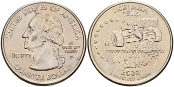 США 25 центов = квотер 2002 Р, серия штаты США, Индиана KM 334 медь плакированная медно-никелем 4143-1155