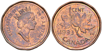 Канада 1 цент 1993 Елизавета II (1952-2022), кленовый лист KM 181 бронза    4147-322