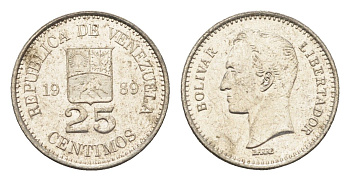 Венесуэла 25 сентимо 1989 Симон Боливар Y 50a сталь плакированная никелем 4664-217