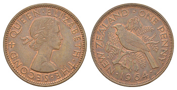 Новая Зеландия 1 пенс 1964 Елизавета II (1952-2022), новозеландский туи KM 24.2 бронза aUNC 4645-933