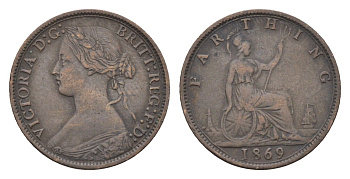 Великобритания 1 фартинг 1869 Виктория (1837-1901) KM 747.2, Spink 3958 бронза 5010-2035