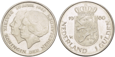 Нидерланды 1 гульден 1980 на коронацию Беатрикс, 30 апреля 1980 KM 200 никель 31-821