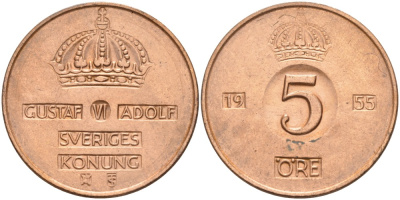 Швеция 5 эре 1955 TS, Густав VI Адольф (1950-1973), в лаке KM 822 бронза 4557-742