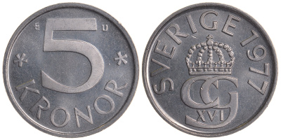 Швеция 5 крон 1977 U Карл XVI Густав (1973- ) KM 853 медно-никель UNC 59-236