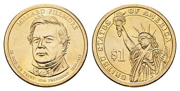 США 1 доллар 2010 P, Президент США - Миллард Филлмор (1850-1853) KM 475 медь с марганцево-латунным покрытием UNC 4624-517