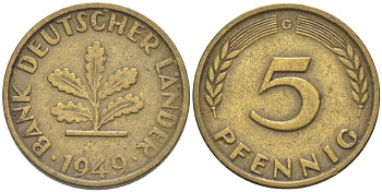 ФРГ 5 ПФЕННИГОВ 1949 G KM 102, J. 377 сталь плакированная латунью 4181-863