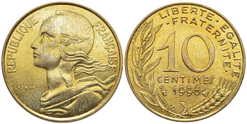 ФРАНЦИЯ 10 САНТИМОВ 1996 ТИП MARIANNE KM 929, LE FRANC 144.40 медь алюминий никель 116-432
