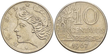 БРАЗИЛИЯ 10 СЕНТАВО 1967 РЕФОРМА (1967-1985), ГОЛОВА СВОБОДЫ ВЛЕВО KM 578.1 медно-никель 4514-736