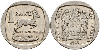 ЮАР 1 ранд 1993 KM 138 медь плакированная никелем 4141-214