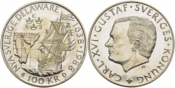 Швеция 100 крон 1988 Карл XVI Густав (1973- ), 350 лет шведской колонии Делавере KM 867.1 серебро UNC 1085-4-13