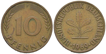 ФРГ 10 пфеннигов 1969 F KM 108, J. 383 сталь плакированная латунью 4604-1151