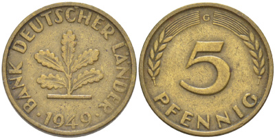 ФРГ 5 ПФЕННИГОВ 1949 G KM 102, J. 377 сталь плакированная латунью 4181-863