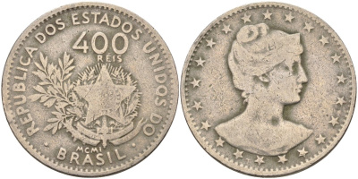 Бразилия 400 рейс 1901 голова свободы вправо KM 505 медно-никель 4367-144