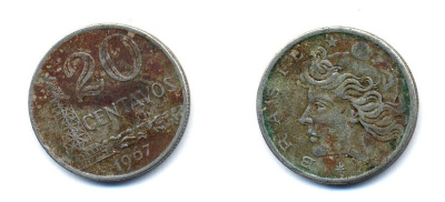 Бразилия 20 сентаво 1967 голова Свободы влево KM 579.1, Schon 84 медно-никель 51-4624