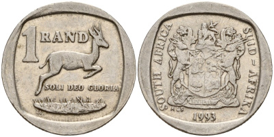 ЮАР 1 ранд 1993 KM 138 медь плакированная никелем 4141-214