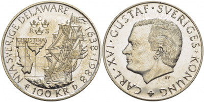 Швеция 100 крон 1988 Карл XVI Густав (1973- ), 350 лет шведской колонии Делавере KM 867.1 серебро UNC 1085-4-13