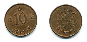 Финляндия 10 пенни 1921 республика (1918-1962) KM 24 медь 46-269