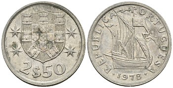 Португалия 2,5 эскудо 1978 парусник KM 590 медно-никель 4147-634
