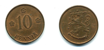 Финляндия 10 пенни 1921 республика (1918-1962) KM 24 медь 46-269