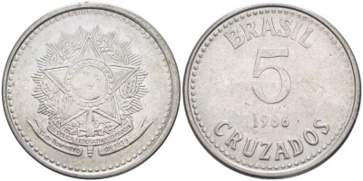 Бразилия 5 крузадо 1986 реформа (1986-1989) KM 606 нержавеющая сталь 24-714