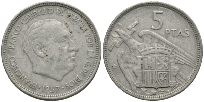 Испания 5 песет 1957 (59) Франсиско Франко (1939-1975) KM 786 медно-никель 4171-513