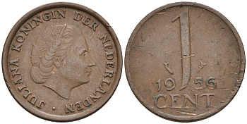 Нидерланды 1 цент 1956 Юлиана (1948-1980) КМ 180 бронза    4174-549