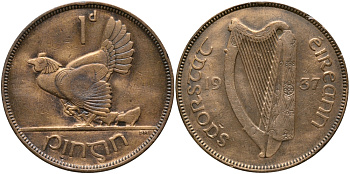 ИРЛАНДИЯ 1 ПЕННИ 1937 КУРИЦА С ЦЫПЛЯТАМИ KM 3 бронза 650-1644