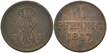 Ганновер 1 пфенниг 1847 B, Эрнст Август (1837-1851) KM 201.1, AKS 129, J. 74 медь 08-1333