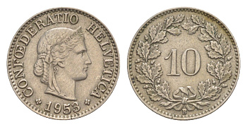 Швейцария 10 раппенов 1953 B KM 27 медно-никель 4625-143