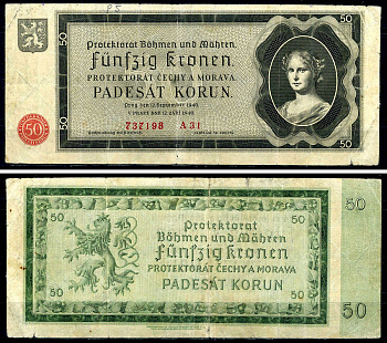 Богемия и Моравия 50 крон 1940 Pick 5 бумага 7547-49-2-2