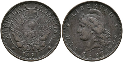 Аргентина 2 сентаво 1891 голова свободы влево KM 8 бронза 4531-1043