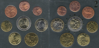 Греция евронабор от 1 евроцента до 2 евро  включает 2 евро 2004 Олимпиада в Греции, планшет  биметалл, медно-никель  UNC  4-4-1-52