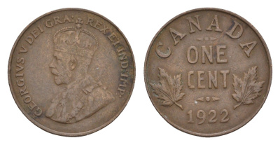 Канада 1 цент 1922 Георг V (1910-1936), редкий год - 1.243.635 экземпляров KM 28 бронза 1518-1432