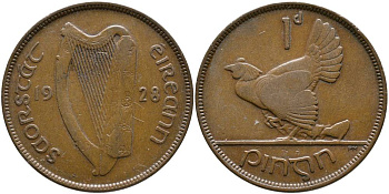 Ирландия 1 пенни 1928 курица с цыплятами KM 3 бронза 4531-621