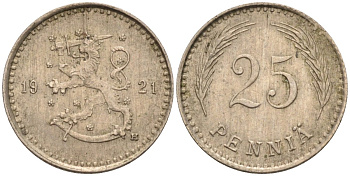 Финляндия 25 пенни 1921 Н KM 25 медно-никель 96-556