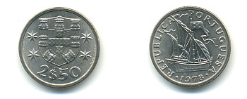 ПОРТУГАЛИЯ 2,5 ЭСКУДО 1978 ПАРУСНИК KM 590 медно-никель 176-145