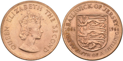 Джерси 1/12 шиллинга 1966 900 лет Нормандскому завоеванию KM 26 бронза aUNC 4583-436