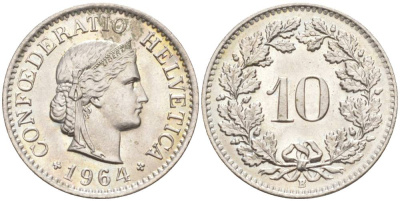 ШВЕЙЦАРИЯ 10 РАППЕНОВ 1964 В KM 27 медно-никель 55-343