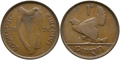 Ирландия 1 пенни 1928 курица с цыплятами KM 3 бронза 4531-621