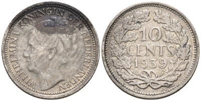Нидерланды 10 центов 1939 Вильгельмина I (1890-1948) KM 163 серебро 105-335