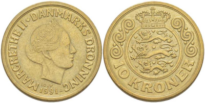 ДАНИЯ 10 КРОН 1991 LG; JP; A, МАРГРЕТЕ II (1972-) KM 867.2 алюминиевая бронза 202-843