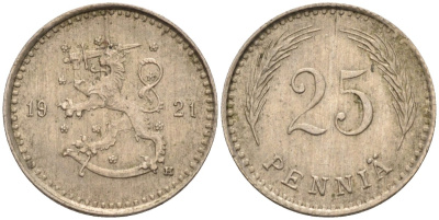 Финляндия 25 пенни 1921 Н KM 25 медно-никель 96-556