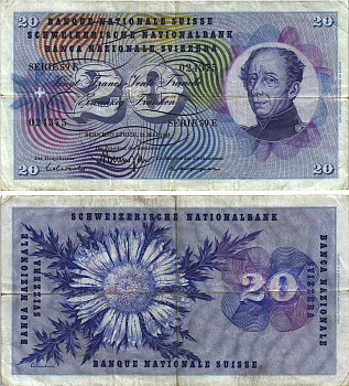 Швейцария 20 франков 1968 15 мая 1968, серия 59 E, подпись 45, Гийом-Анри Дюфур Pick 46p бумага 8606-14-2-1